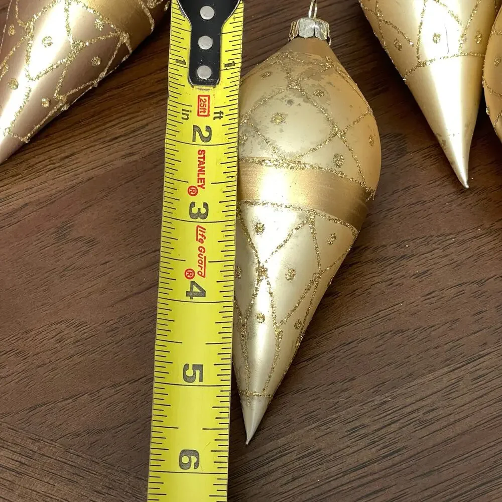Hand Blown Gold Fluted Ornaments Glitter Lot of 6 Vtg Large Teardrop READ